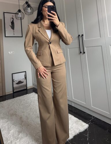 Bej Premium Belden Oturtmalı Ceket Pantolon Takım