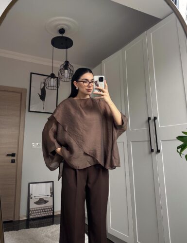 Kahve Pelerin Şifon Bluz